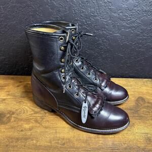 Laredo Boots Womens Size 3.5 Black Burgundy Lace Up Ankle Roper Western Leather